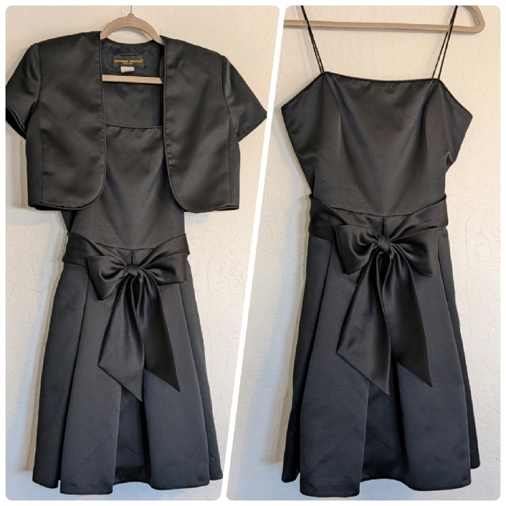 VTG LBD Two Piece Satin Bow Dress Bolero Jacket Cocktail Evening Formal Midi